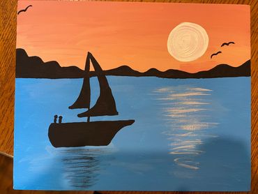 A painting of a boat on the water at sunset.