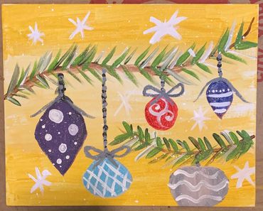A Christmas painting of ornaments hanging on a branch.
