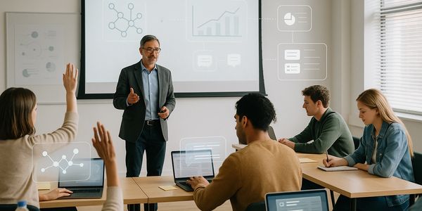 A teacher conducting a technology-integrated classroom session with engaged students.