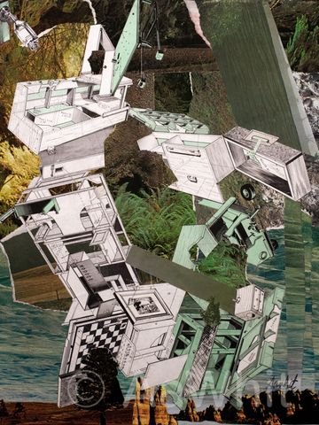 Title-The Artist's Treehouse
Mixed media collage, photomontage, abstract landscape