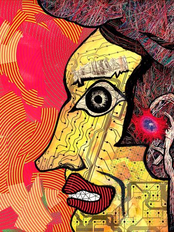 Title-Elvistein
Mixed media collage, photomontage, abstract, Elvis, Frankenstein, yellow magenta tech