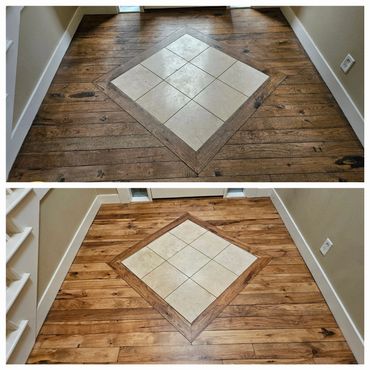 stained and refinished with DuraClear Max satin finish 4" hickory hardwood floor