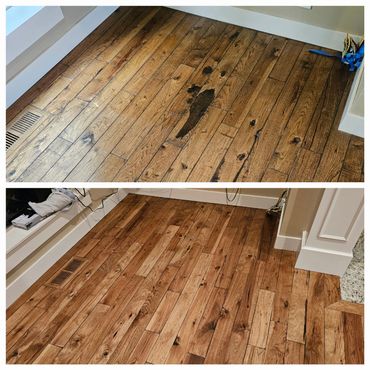 stained and refinished with DuraClear Max satin finish 4" hickory hardwood floor