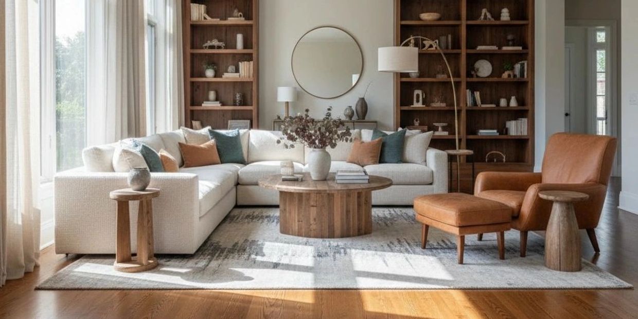 Cozy living room with beige sectional sofa and leather chair.