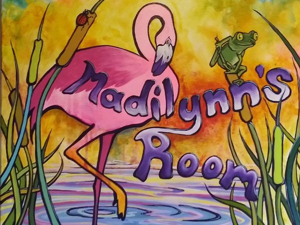 Madilynn's kids room! Acrylic painting of pink flamingo, green frog, cattails and Ladybug at a lake