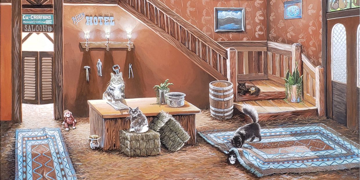Kitty Hotel, acrylic painting 24" x 30". Early 1900's Hotel seen with five cats, saloon, sheet metal