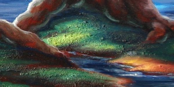 Close up of the textured surface created with fine sand, medium gel and acrylic paint.