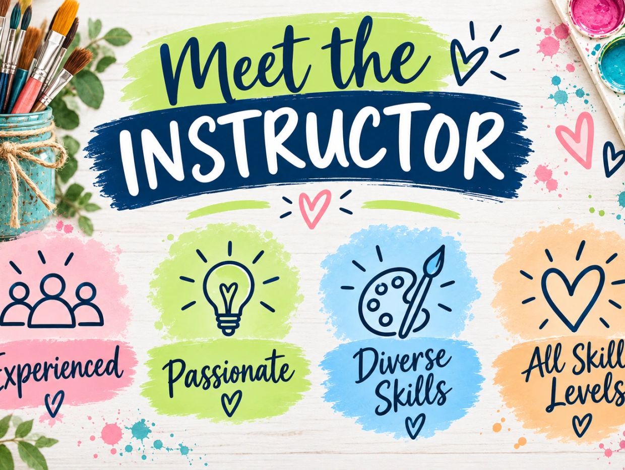 Colorful poster introducing an art instructor with key qualities.