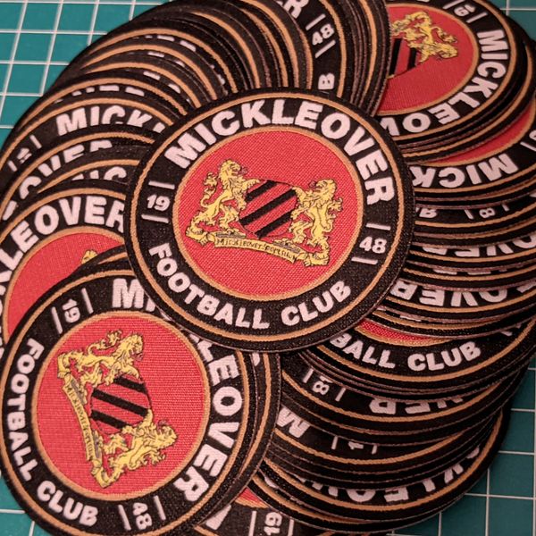 Woven applique badges for football club. Mickleover sports FC. Embroidery stitched design. 