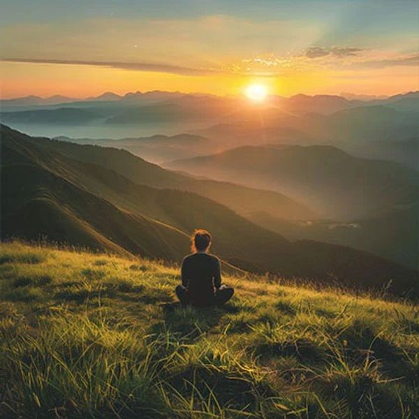 A person meditating on a grassy hill at sunset.