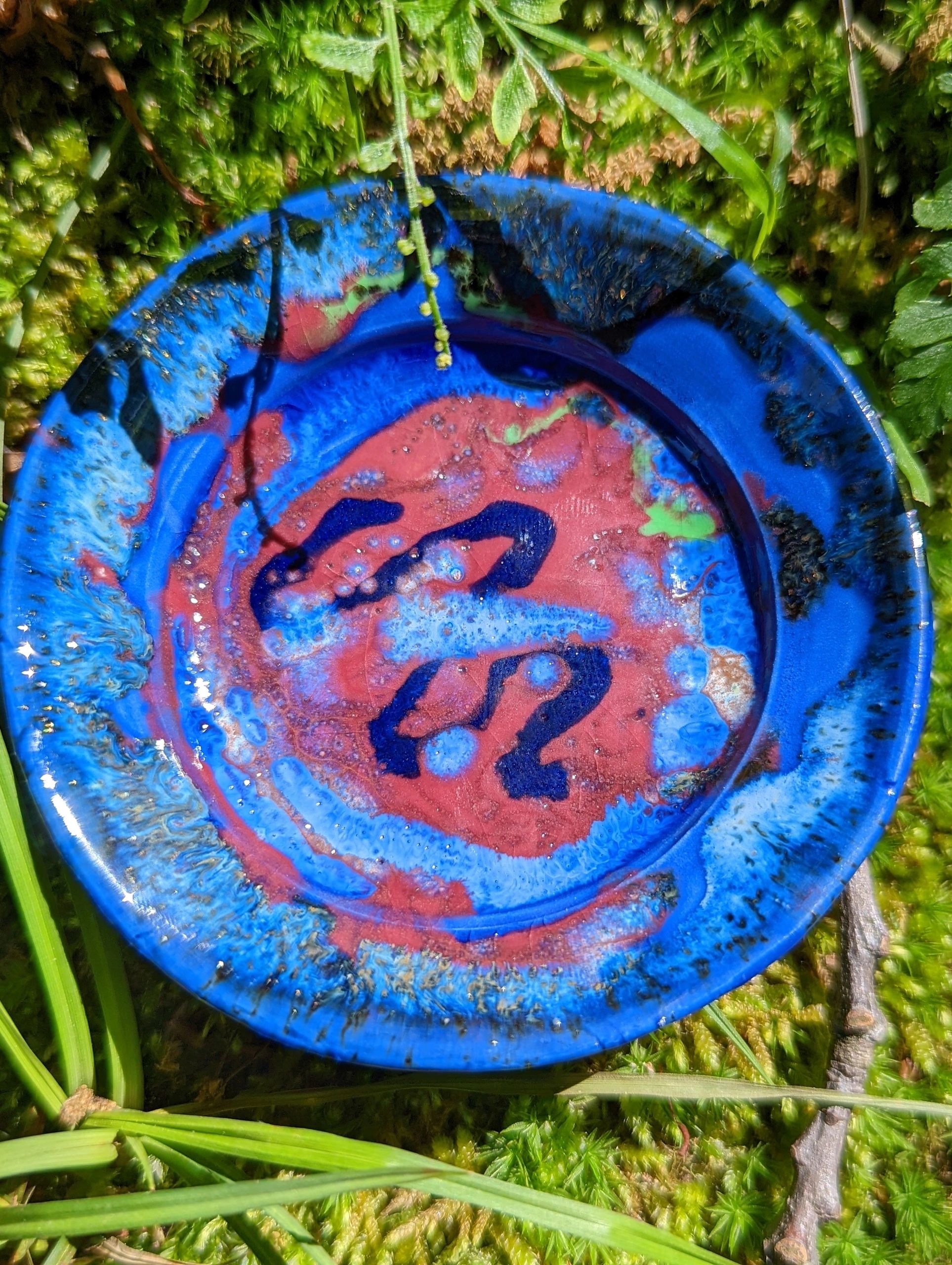 bright dark blue and red small dish