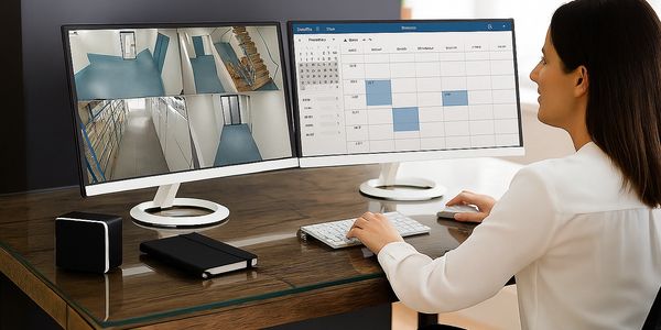 Woman monitoring security footage and schedules on dual monitors at desk.