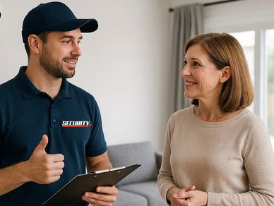 Security guard gives a thumbs up while talking to a smiling woman indoors.