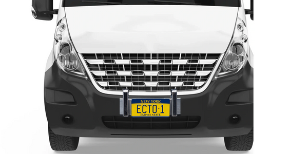 Front view of a white van with a New York license plate reading 'ECTO-1'.