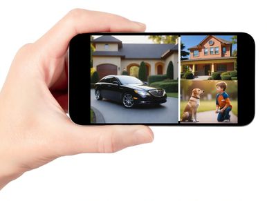 Hand holding phone showing car, house, and boy with dog pictures.