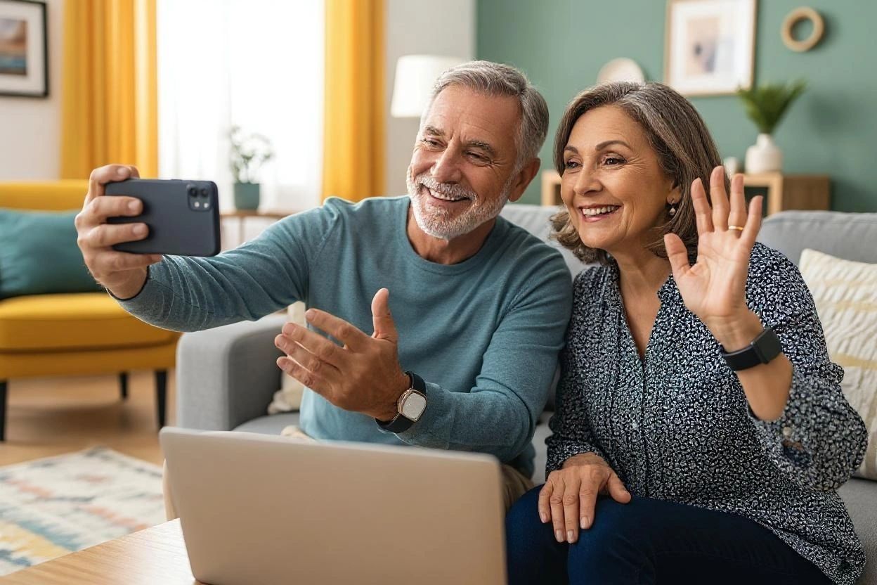Happy older couple confidently using smartphone laptop smartwatch at home during video call