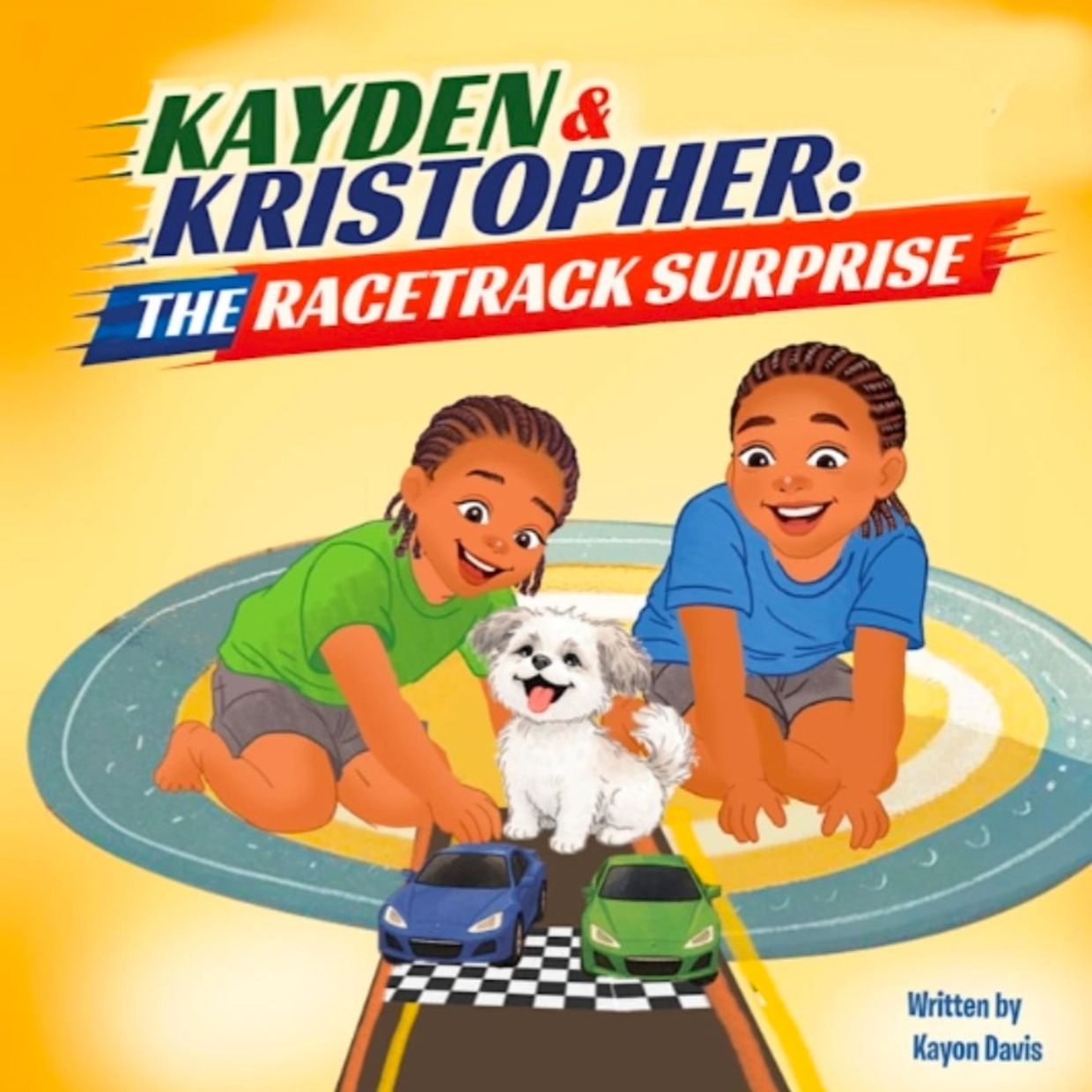 Two kids and a dog playing with toy cars on a racetrack mat.