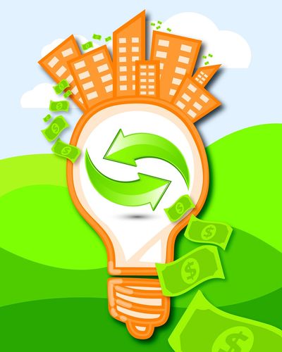 vector image of a bulb with money and buildings
