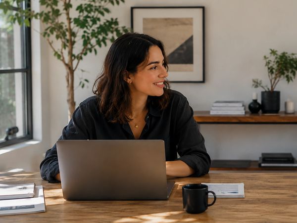 A woman smiling while working on a laptop at a wooden desk.