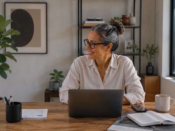 Woman working on laptop in cozy, plant-filled home office.