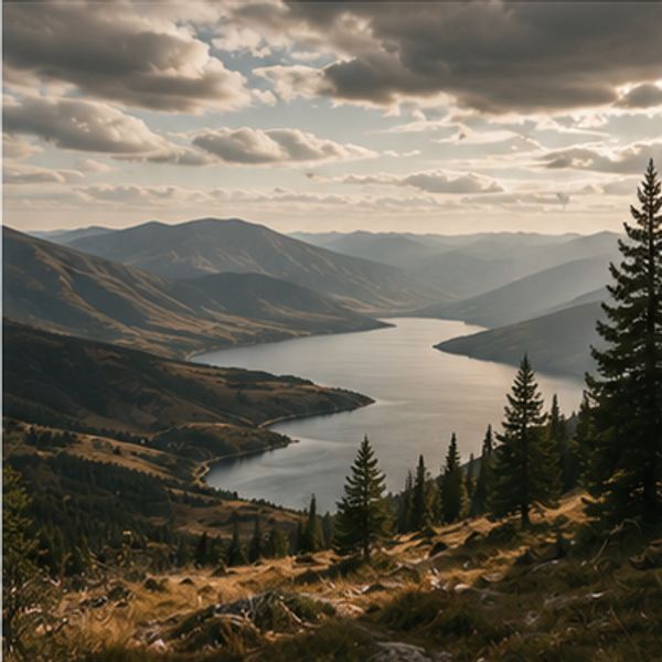Mountain lake under cloudy sky at sunset.