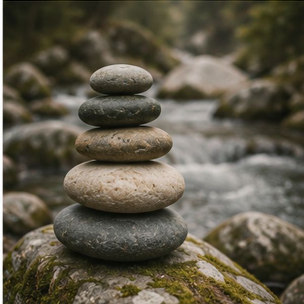 Stack of balanced stones by a flowing river.
