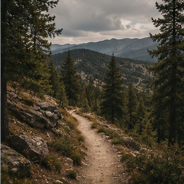 Mountain trail winding through forested hills under cloudy sky.