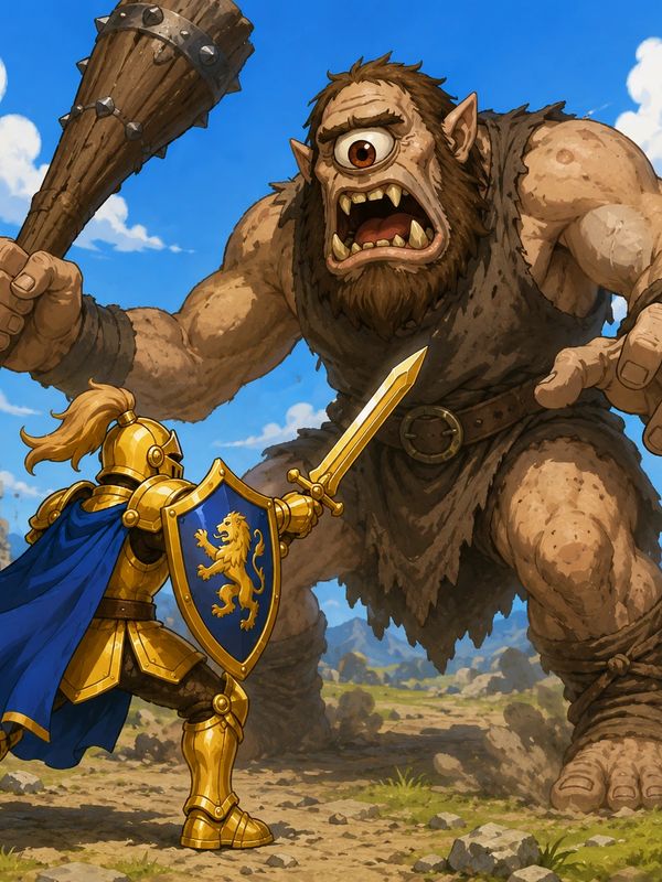 Knight battles a giant cyclops with a club.