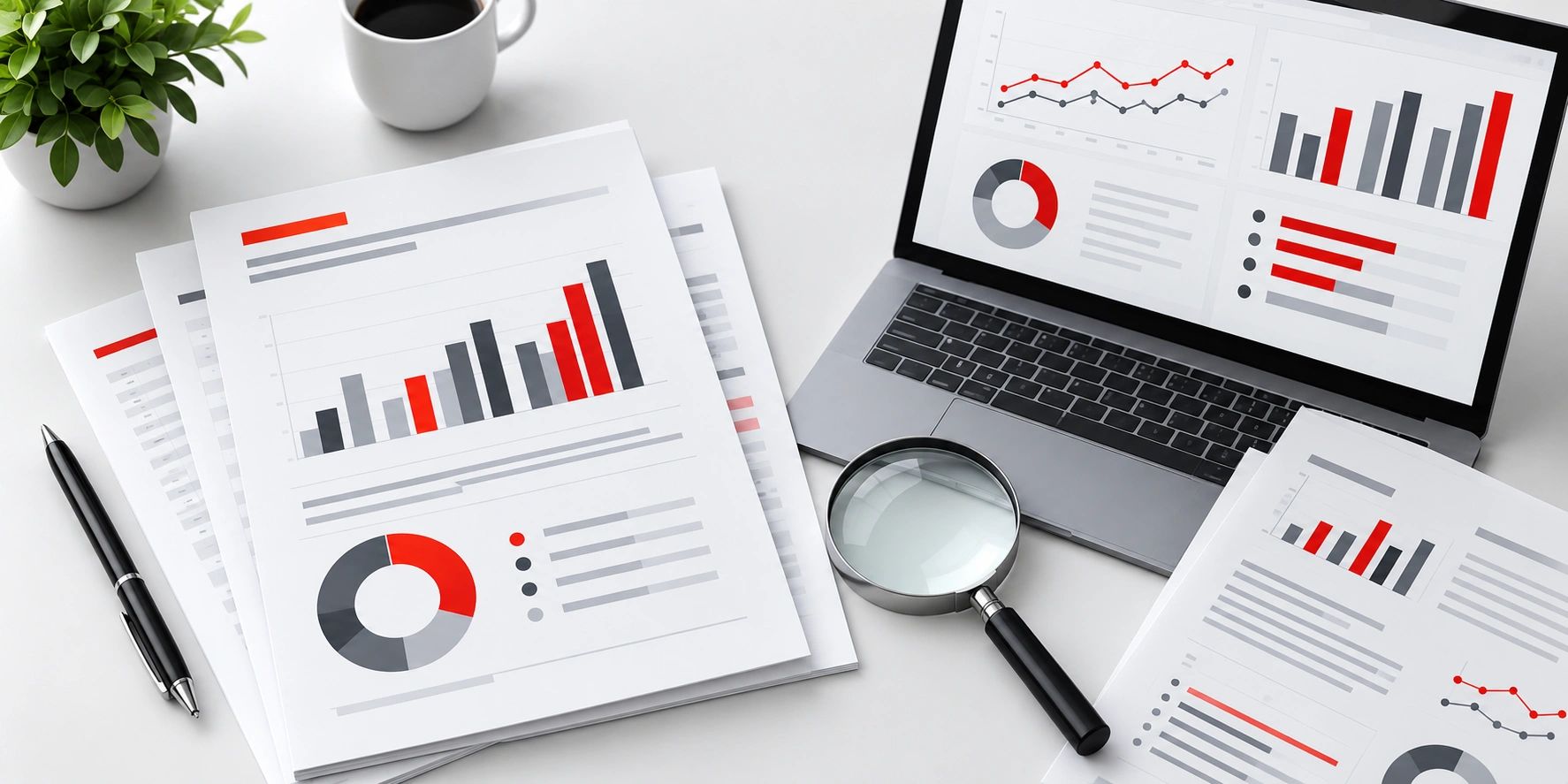 Business reports with charts next to a laptop and magnifying glass.