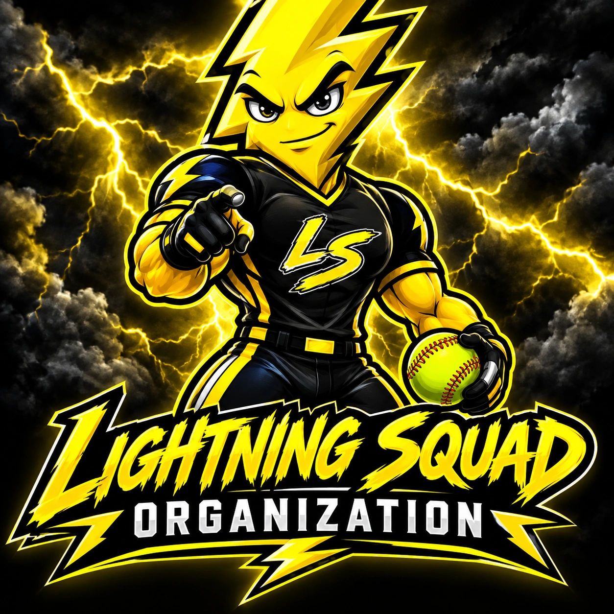 Electric mascot with softball, bright lightning background.