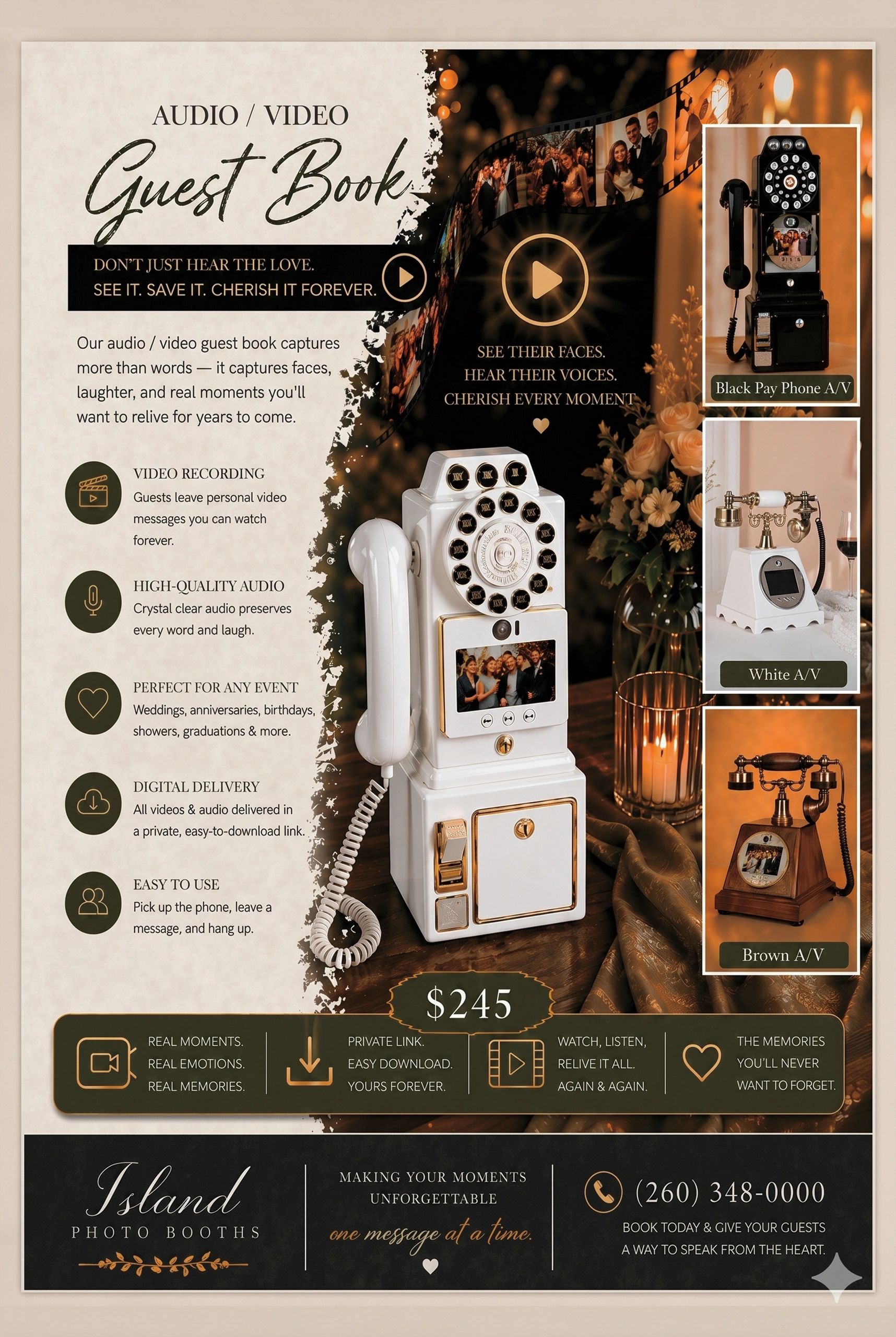 Vintage-style audio/video guest book phones for capturing memories at events.