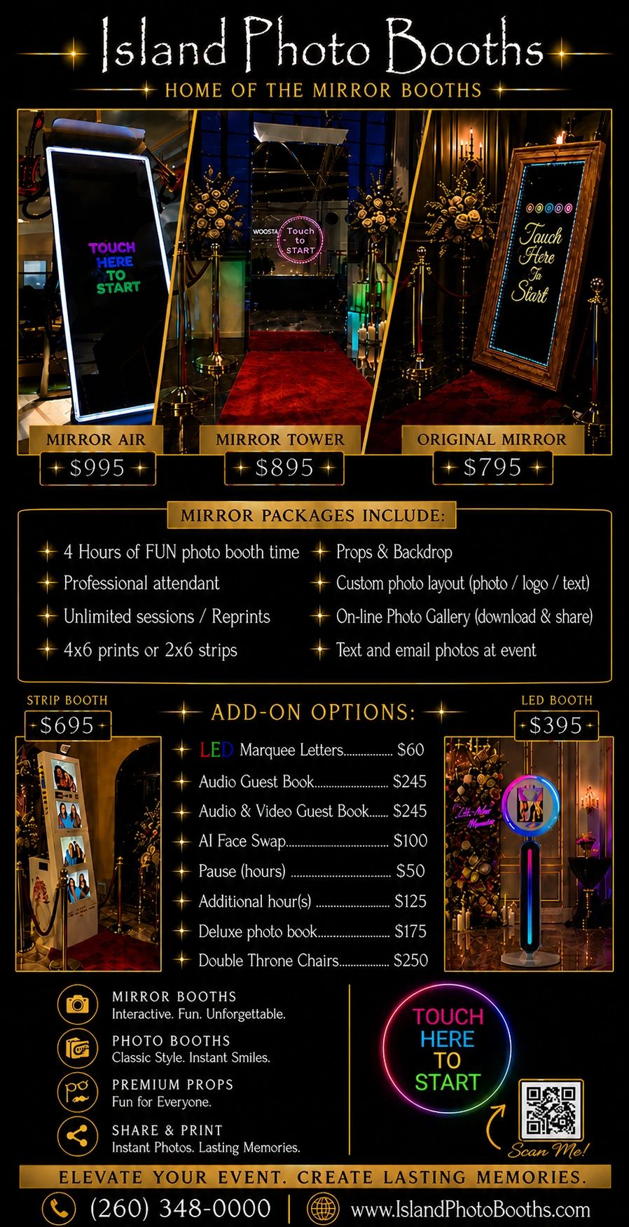 Photo booth rental options with prices and add-ons for events.