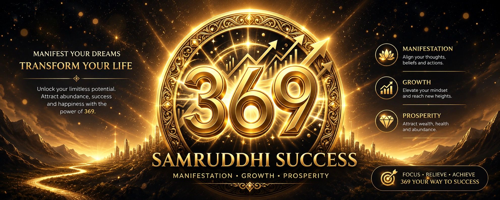 Golden 369 symbol with arrows, cityscape, and success-themed text.