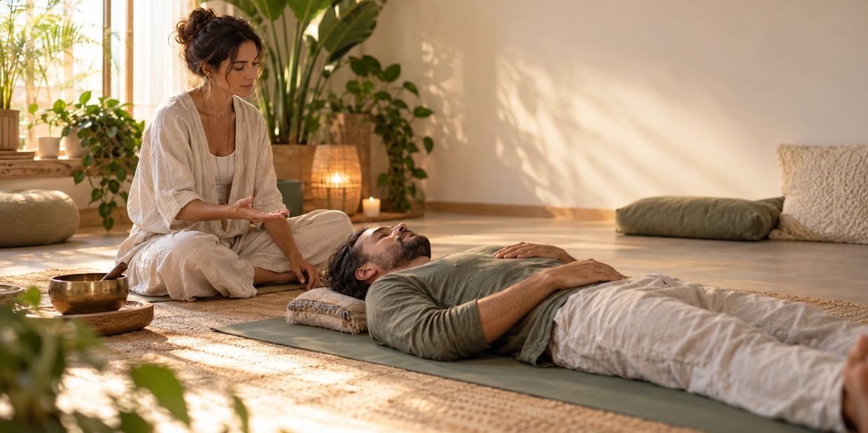 Woman practicing energy healing on man lying down.
