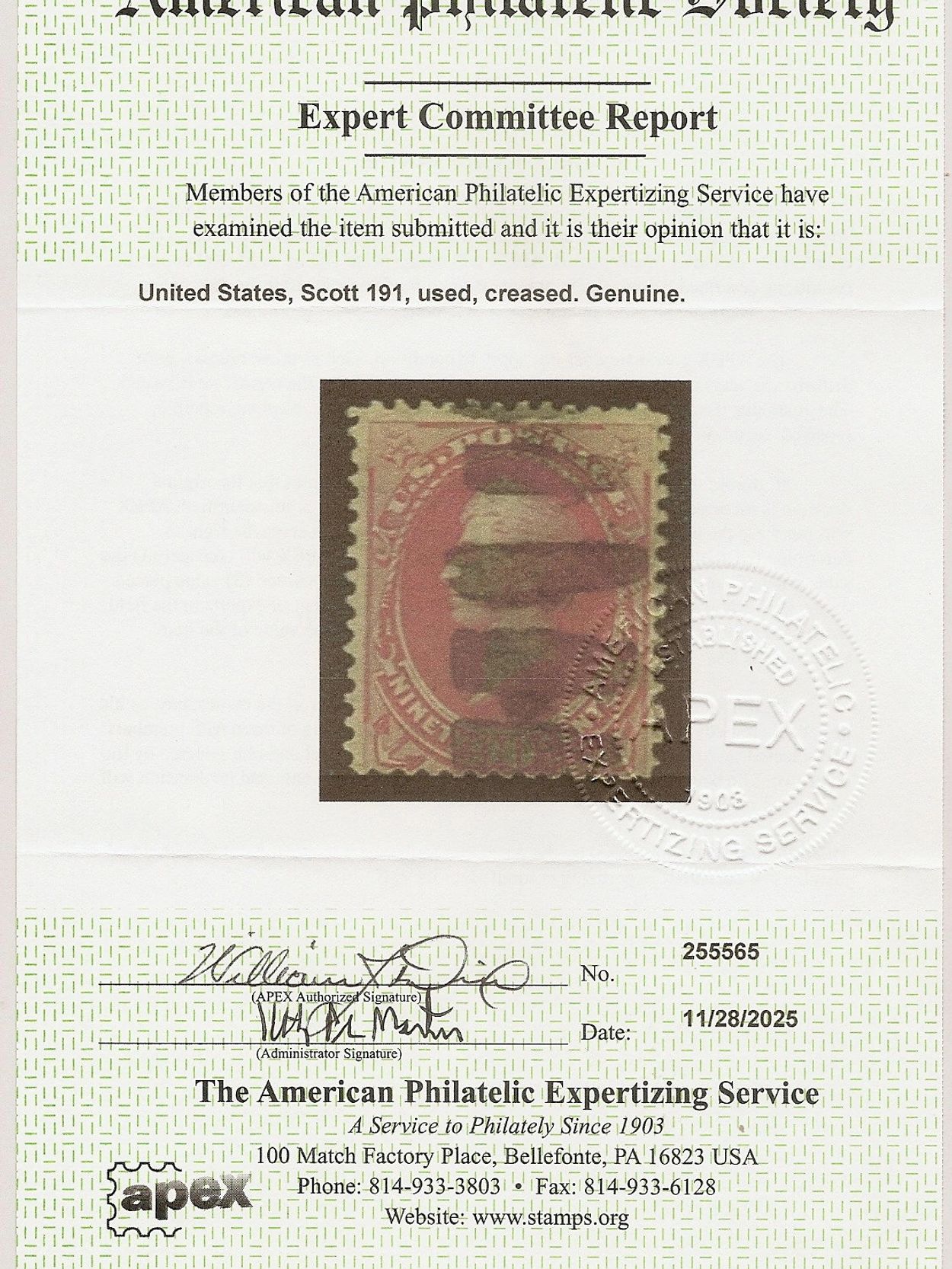 Certificate authenticating a genuine used and creased US stamp Scott 191.