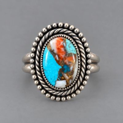 Turquoise and spiny oyster cabochon ring handcrafted in sterling silver, size 8½.