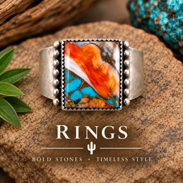 Sterling silver ring with Turquoise and Spiny Oyster stone. Click to explore more rings