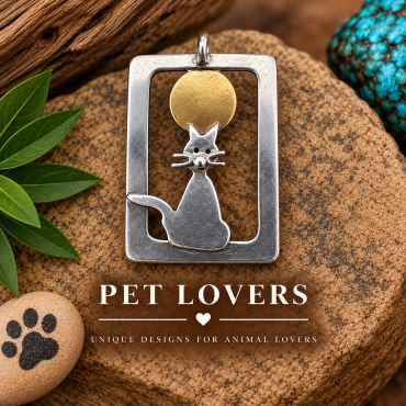 Cat-themed silver and gold hued pendant for pet lovers. Link to explore more pet lovers jewelry.