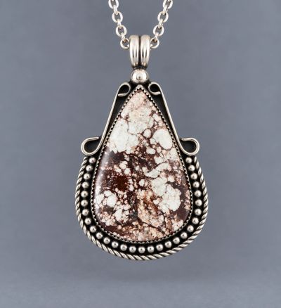 Wild Horse cabochon pendant handcrafted in sterling silver with bead and scroll accents and silver c