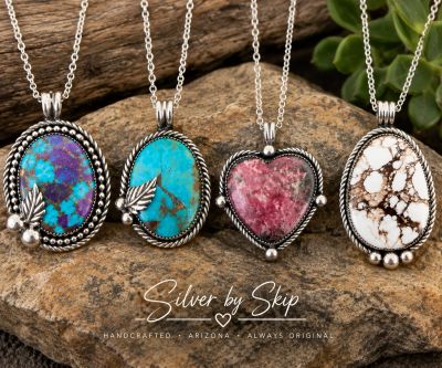 Four Silver by Skip sterling silver pendants featuring Purple Mohave turquoise, turquoise, rhodonite