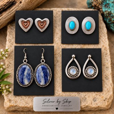 our pairs of handcrafted earrings: mixed-metal hearts, turquoise posts, sodalite dangles, and moonst