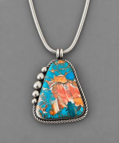Spiny oyster and turquoise sterling silver pendant on 3mm sterling silver chain, handcrafted by Silv
