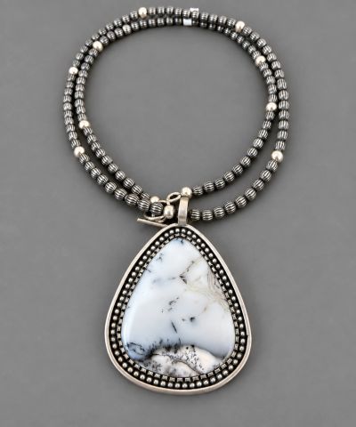 Dendritic agate sterling silver pendant necklace with double strand silver beads, handcrafted by Sil