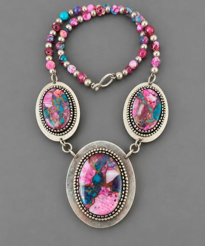 Turquoise and pink opal composite three-stone sterling silver statement necklace, handcrafted by Sil