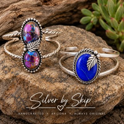 Two handcrafted sterling silver cuff bracelets, one with lapis and one with pink opal and turquoise,