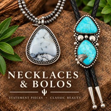 Dendritic agate sterling silver necklace and Kingman turquoise two stone bolo. Click to explore necklaces and bolos