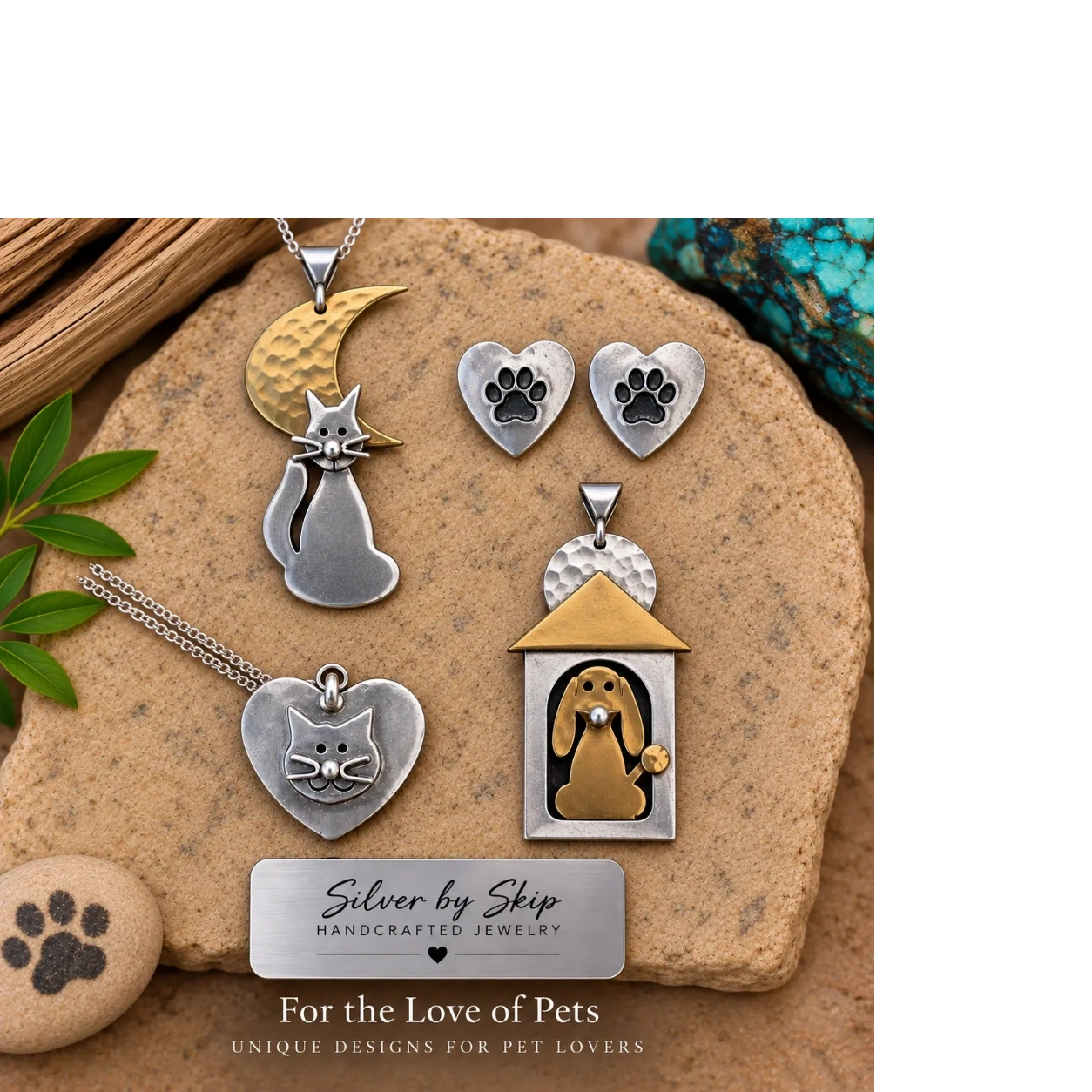Handcrafted sterling silver and mixed-metal cat, dog and paw-print jewelry by Silver by Skip.