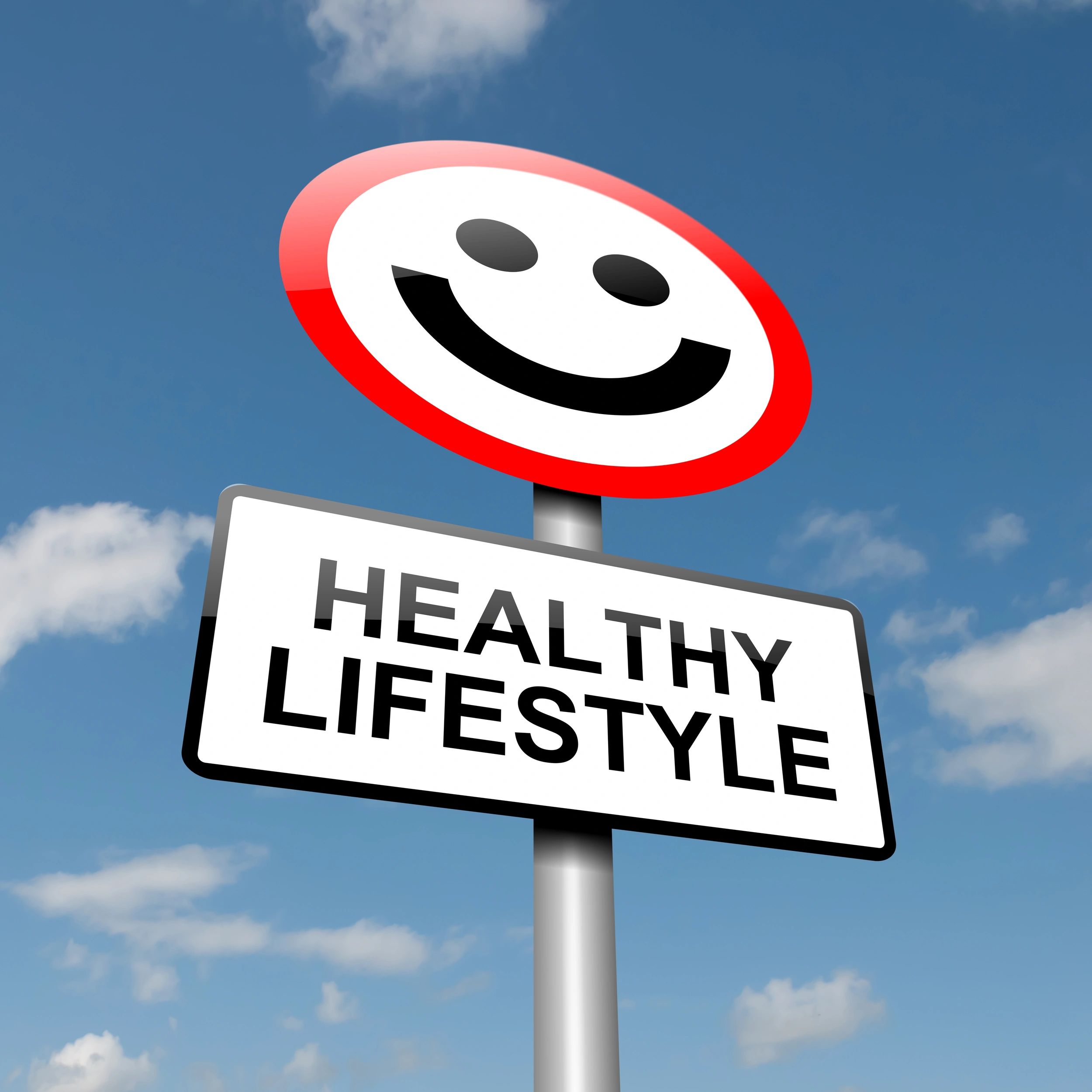 Smiley face sign post with healthy lifestyle written underneath.