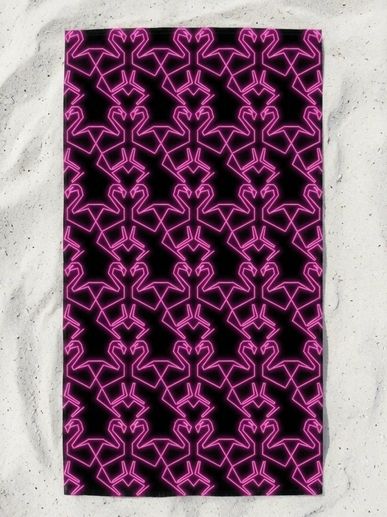 pink flamingo beach towels neon retro hot pink flamingos pattern design colorful Miami Beach Towels