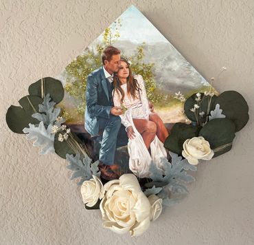Oil Painting on 8x8" Wooden Panel, adorned with both dried and paper flowers from their wedding day